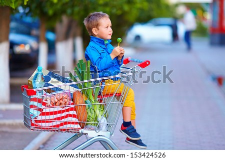 Kid In Trolley Full Of Foodstuffs After Shopping