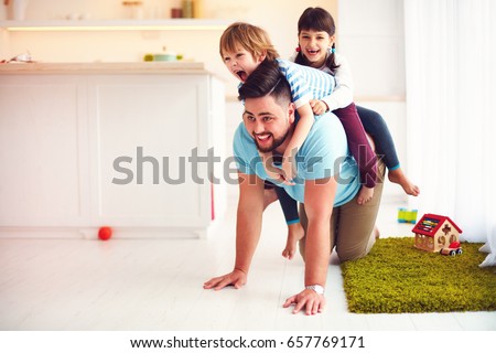happy mad ride on father\'s back. when you home alone with kids