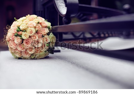 stock photo outdoor winter closeup of wedding bouquet lying on snow near 