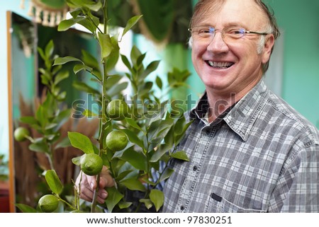 Portrait of a smiling senior man looking after houseplant lemon and proud of its growth