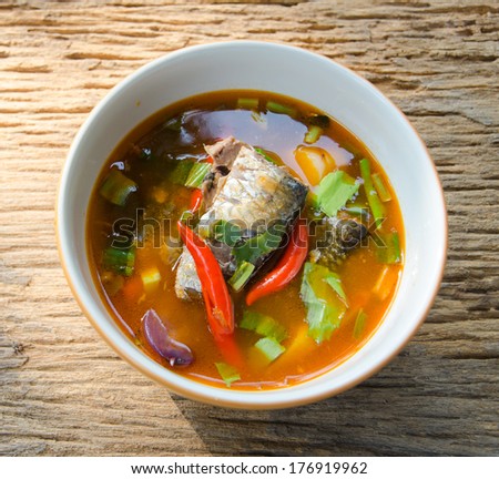 Spicy lemon grass soup Mackerel ,Tom Yam, canned fish,thai food