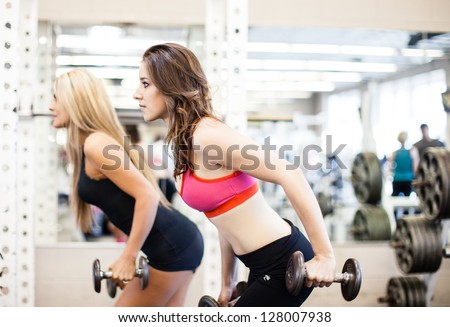 Women working on their triceps with dumbbells at the gym