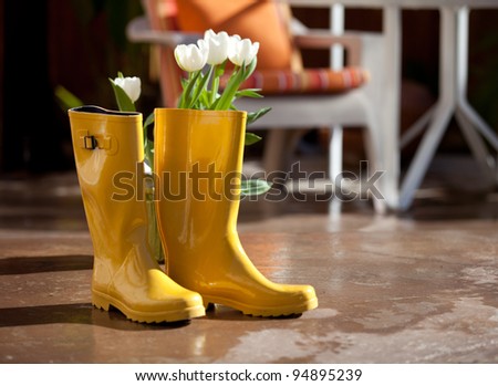 Yellow rubber rain boots with White Tulips ready to plant until the rain came