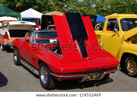 FREDERICK, MD- SEPTEMBER 16: 1967 Red  Chevrolet Convertible Corvette on Sept. 16, 2012 in Frederick , MD USA. Alzheimer\'s Association Benefit Car Show at Motor Vehicle Administration in Maryland.