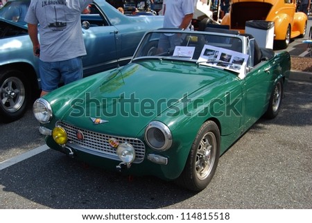 FREDERICK, MD- SEPTEMBER 16: 1969 Green Austin Healey Sprite on September 16, 2012 in Frederick , MD USA. Alzheimer\'s Association Benefit Car Show at Motor Vehicle Administration in Maryland.