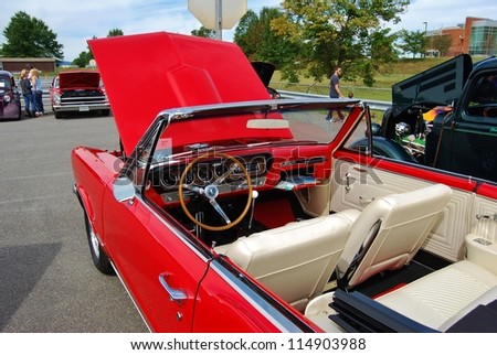 FREDERICK, MD- SEPTEMBER 16: 1965 Red Convertible Pontiac GTO interior on Sept. 16, 2012 in Frederick , MD USA. Alzheimer\'s Association Benefit Car Show at Motor Vehicle Administration in Maryland.