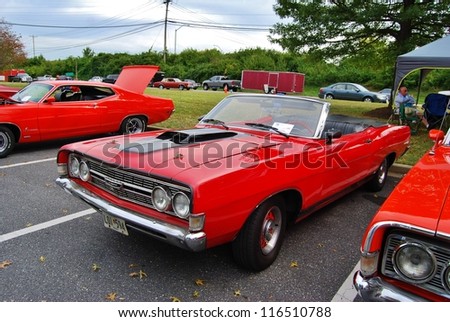 FREDERICK, MD- SEPTEMBER 16: 1970 Red Convertible Ford Torino GT on Sept. 16, 2012 in Frederick , MD USA. Alzheimer\'s Association Benefit Car Show at Motor Vehicle Administration in Maryland
