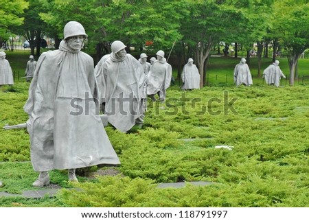 WASHINGTON DC - OCTOBER 6: Korean War Memorial in Washington DC on October 6, 2010. The Korean War Memorial represents a  squad on patrol in a war between South Korea and North Korea.