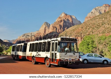 MOAB, UTAH - MAY 8: Zion National Park Shuttle Bus on May 08, 2009 in Utah, USA. Zion National Park Shuttle Bus rides to all the park main attractions, serving visitors from all over the world.