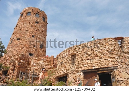 GRAND CANYON, ARIZONA - JULY 9: The Watch Tower Exterior at Grand Canyon on May 9, 2009 in Arizona,USA. The exterior brick walls is stonework with uncoursed rubble, and coursed sandstone.