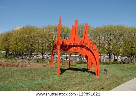WASHINGTON,D.C - JULY 16: Orange Metal Geometrical Sculpture at Hirshhorn Sculpture Garden on July 16, 2008 in Washington, D.C USA. Famous garden complex has a 4 acres exhibition space with two levels