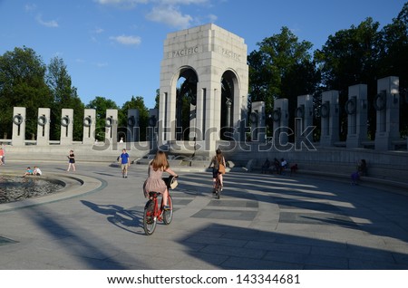 WASHINGTON, DC - JUNE 22: World War Memorial II on June 22 2013 in Washington, DC USA. People from all over the world come to visit the memorial, dedicated to Americans who served in the armed forces.