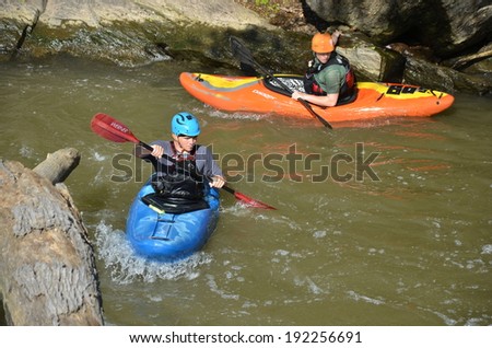 GREAT FALLS,MD-MAY 11: Kayakig at Great Falls Park on MAY 11, 2014 in Maryland USA.Famous Chesapeake and Ohio Canal, C&O Canal, about 184.5 miles,people visit ,and do many outdoors activities.