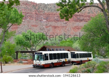MOAB, UTAH - MAY 8: Zion National Park Shuttle Bus on May 08, 2009 in Utah, USA. Zion National Park has many beautiful attractions, thousands of visitors come from all over the world every year.
