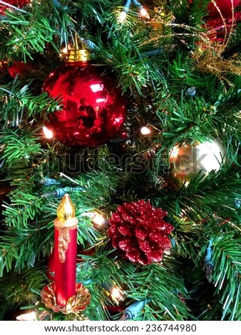 Christmas Tree Ornaments on Christmas Tree Closeup
