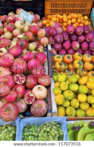 Fruit sales at the public market in the village Moires on Crete, Greece. The weekly market of the agricultural town of Moires is the largest in the region