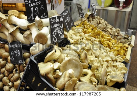 Barcelona, mushrooms on the Barcelona public market Mercat St. Josep. The Boqueria is a market hall for fish, meat, vegetables, fruits and foods of all kinds and a major attraction in Barcelona
