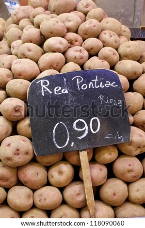 Red potatoes on the public market Mercat St. Josep. The Boqueria is a market hall for fish, meat, vegetables, fruits and foods of all kinds and a major attraction in Barcelona