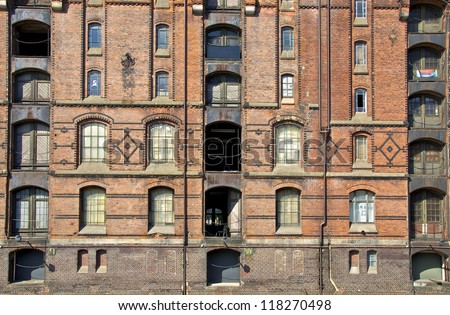 Hamburg famous warehouse district called Speicherstadt in the former free port. Today the Speicherstadt is a district of the new HarborCity, The whole warehouse district is crossed by water channels