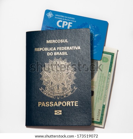Brazilian Passport, ID card and Individual document on white background