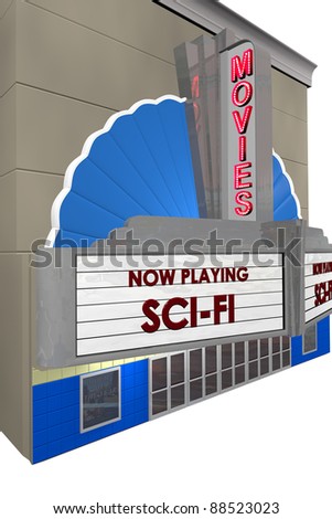 Movie Showings on Picture Of Movie Theater Taken At Angle Showing Marques With  Scifi
