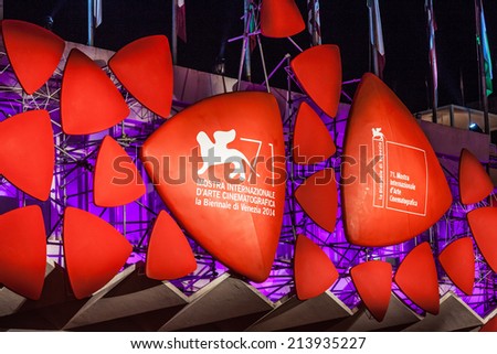 VENICE, ITALY - AUGUST 29: 71st Venice Film Festival on August 29, 2014 in Venice, Italy The decoration of the palace of cinema during 71 Venice film Festival. Night lights