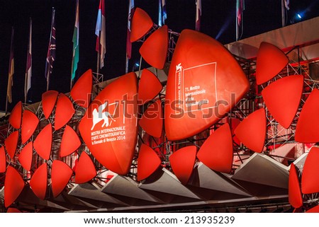 VENICE, ITALY - AUGUST 29: the 71st Venice Film Festival on August 29, 2014 in Venice, Italy The decoration of the palace of cinema during 71 Venice film Festival. Night lights