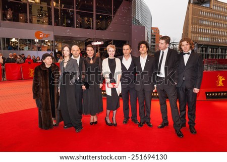BERLIN, GERMANY - FEBRUARY 10, 2015: Director Alexey German with his family and actors arrive for the \'Under Electric Clouds\' premiere during the 65th Berlinale International Film Festival