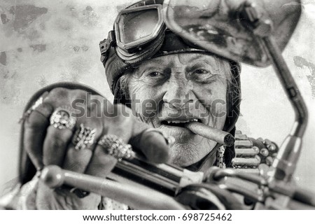 motorcycle rider old crazy face grandmother  - easy living gangster style - old lady with a Cuban cigar - street motorbike gang - Funny granny ridding a Chopper bike