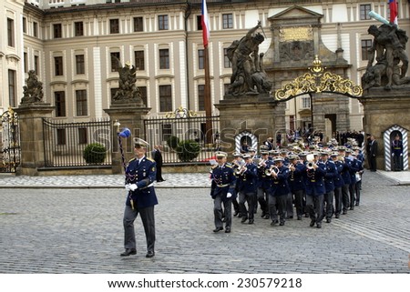 Guard of honor Music band  in full dress  parade in front of the presidential Palace, Prague, Czech Republic.may, 14, 2009.