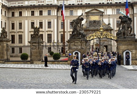 Guard of honor Music band  in full dress  parade in front of the presidential Palace, Prague, Czech Republic.may, 14, 2009.