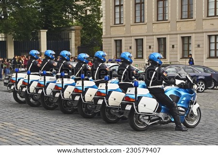 seven riders of the guard of honor was lined up in front of the presidential Palace, Prague, Czech Republic.may, 14, 2009.