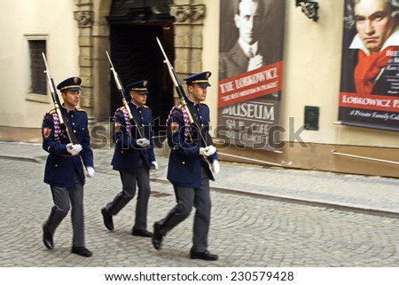 Guard of honor in full dress walking down the street, Prague, Czech Republic.may, 14, 2009.
