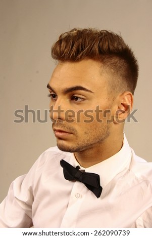 classic man portrait with hairdress, hairdresser, isolate on white background