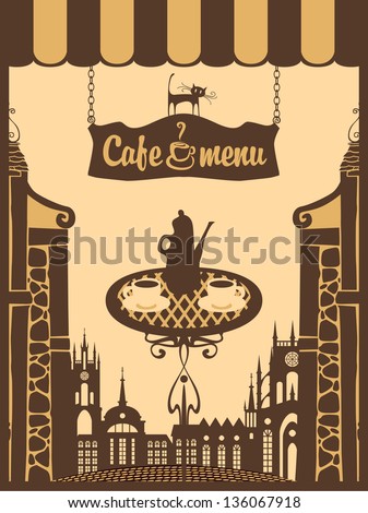 city cafe with table and hot tea city cafe with table and hot tea