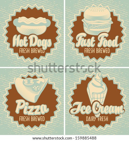 set of four banners with fast food pizza and ice cream in retro style