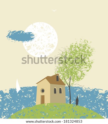 Landscape with an island on the beach with house and tree