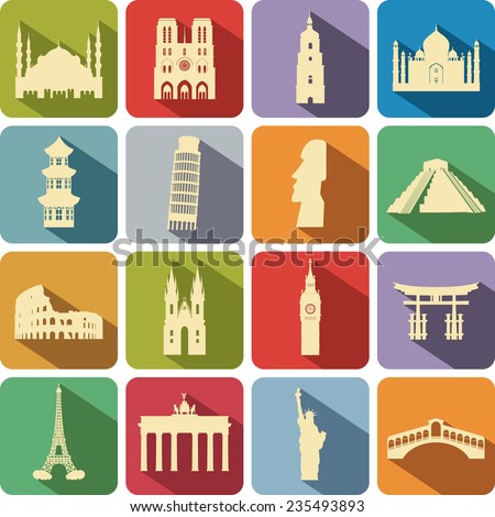 set of computer icons to the tourist attractions of the different countries