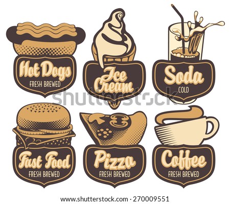 set emblems with coffee fast food pizza and ice cream in retro style