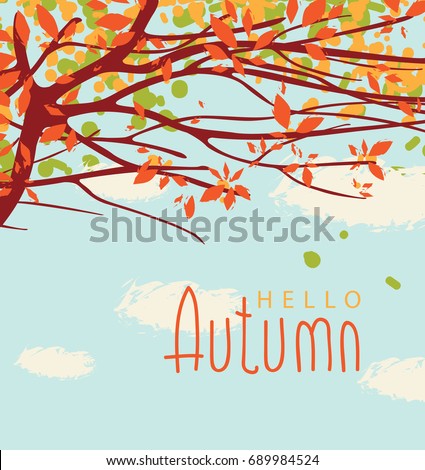 Vector banner with the words Hello autumn. Autumn landscape with autumn leaves on the branches of trees in a Park or forest on a background of blue sky with clouds