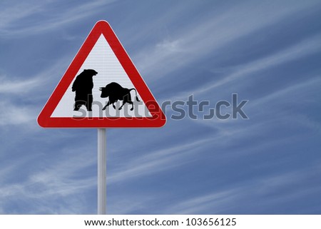 A conceptual road sign on business or finance implying market uncertainty (i.e. BEAR or BULL). On blue sky background with copy space.