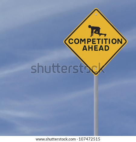 Road sign showing the silhouette of an athlete at the starting block ready for COMPETITION (against a blue sky background with copy space)