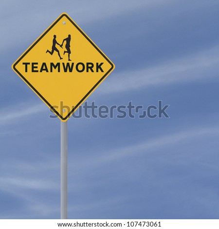 Road sign showing the silhouette of an athlete passing the baton to his teammate in a relay race (against a blue sky background with copy space)