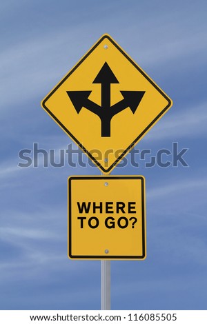 Conceptual road sign on choices or making decisions (against a blue sky background)