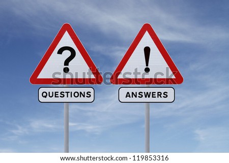 Road sign on questions and answers (against a blue sky background)