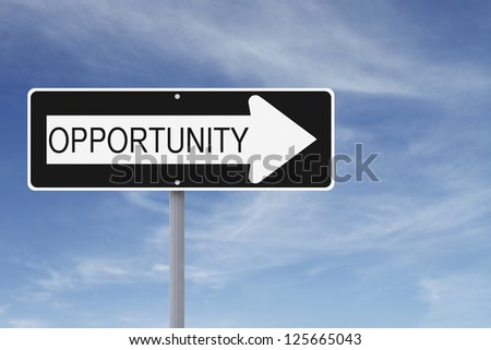 Modified one-way sign indicating Opportunity (against a blue sky background)