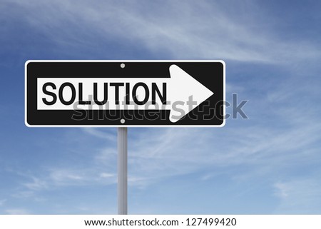 Modified one way sign indicating solution (against a blue sky background)