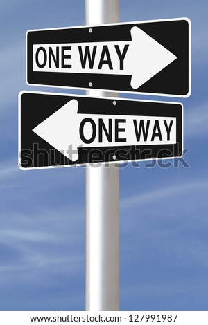 Two one ways street signs pointing at different directions