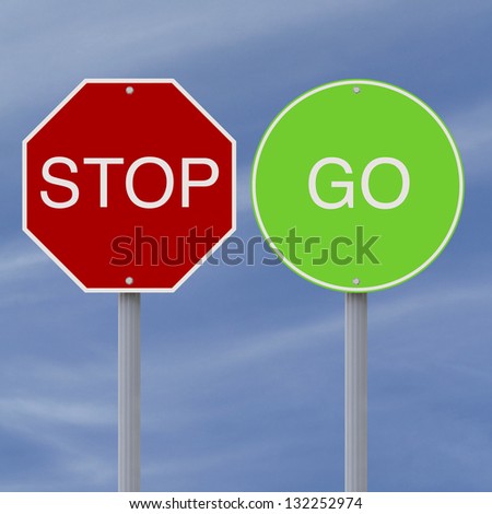 Stop and Go signs against a blue sky background