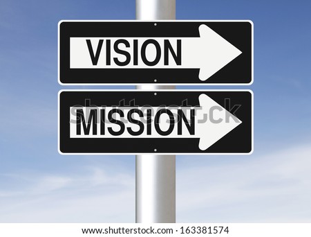Conceptual one way street signs on a pole indicating Vision and Mission